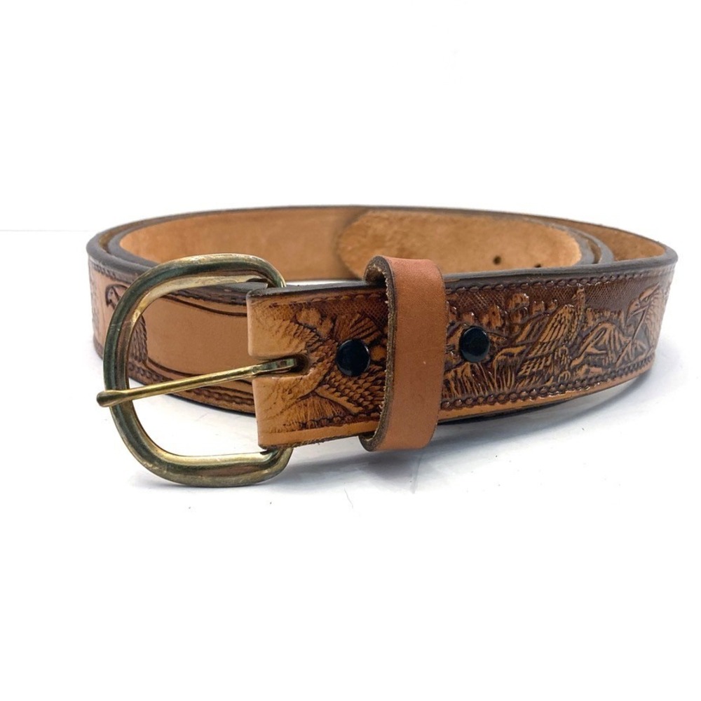 Full Grain Cowhide Leather Belt Brown Embossed Eagles Mens 56 "Perry" Americana